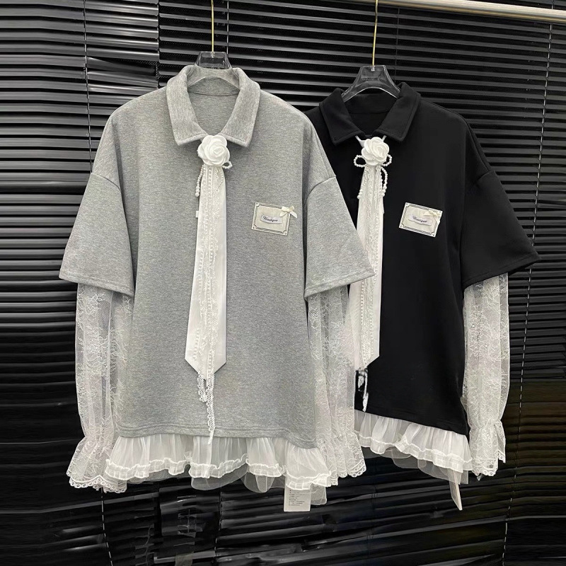 2026 Spring New Style Lace Patchwork T-Shirt for Women with Tie, Loose Fashionable Turn-Down Collar Long Sleeve Faux Two-Piece Top 2026 Spring New Style Lace Patchwork T-Shirt for Women with Tie, Loose Fashionable Turn-Down Collar Long Sleeve Faux Two-Piece Top