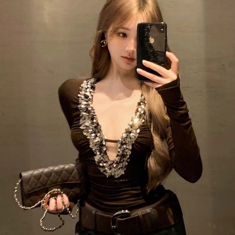 Heavy Industry Sequins Sexy V-Neck Long-Sleeved T-Shirt Women's Autumn Design Sense Tight-Fit Slim-Fit Hot Girl Short Base Shirt Top