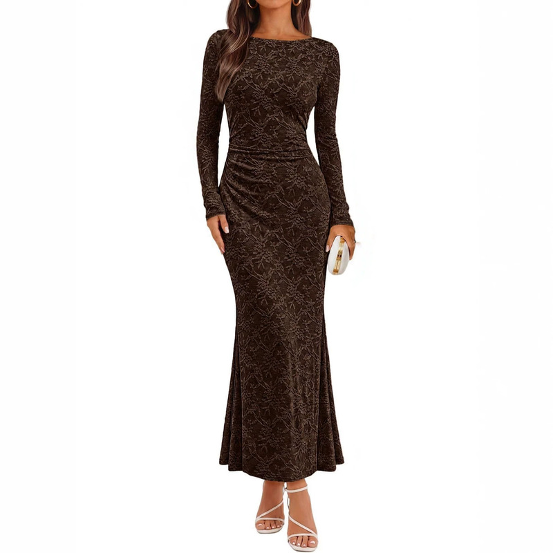 2026 Autumn New European and American Amazon Long-Sleeve Floral High-Waisted Fashionable Fishtail Hem Dress