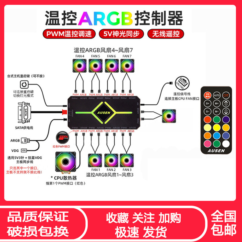 5V3-Pin Argb Controller Computer Case Fan Divine Light Synchronization Pwm Temperature Control Hub with Remote Control