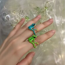 跨境树蛙戒指绿色搞怪青蛙戒指小众设计蓝青蛙戒圈开口可调节指环