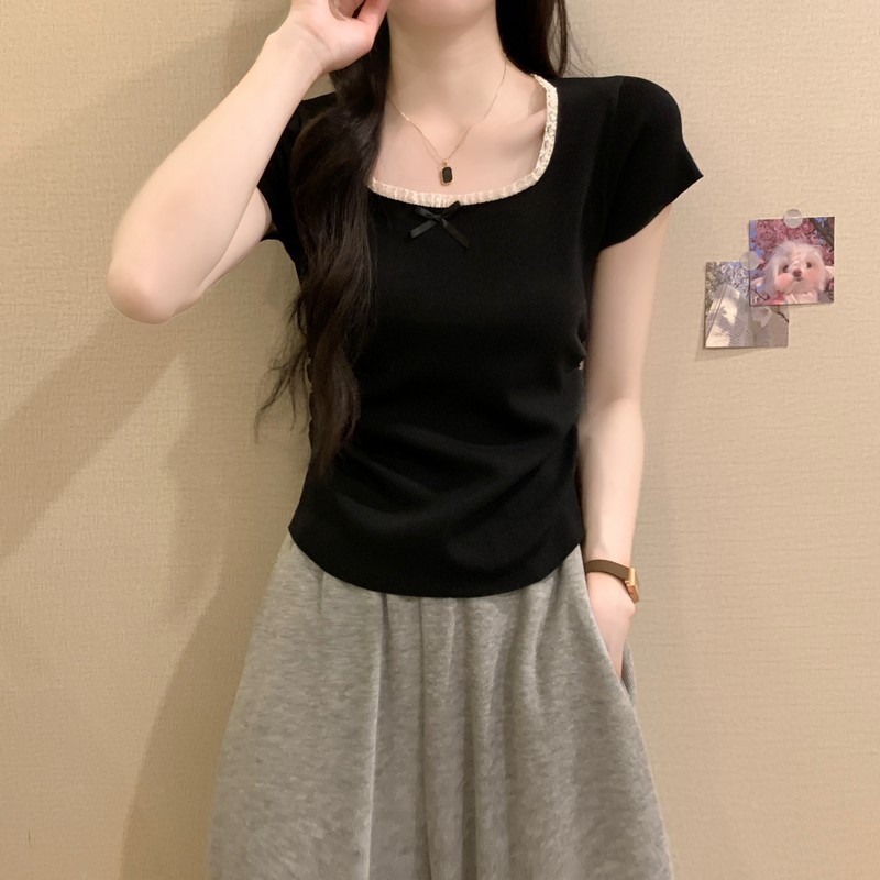 ニット半袖tシャツ女性2025夏の新型爆発金甘いギャルchicドーパミンきれいな短い上着|undefined