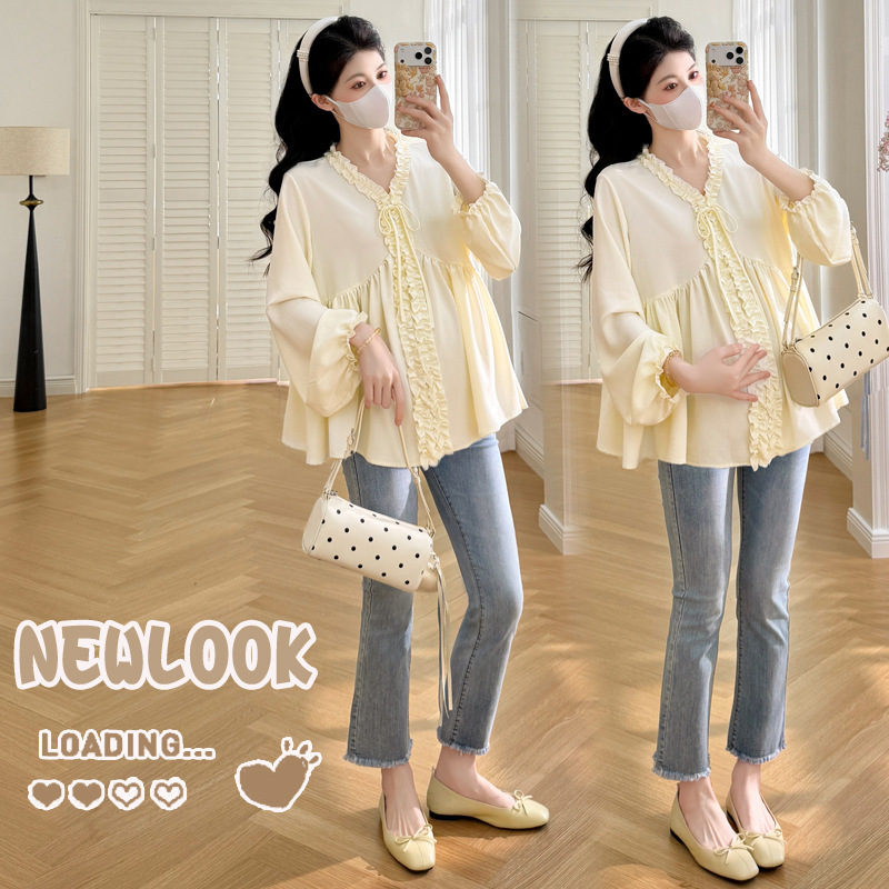 2026 Autumn New Maternity Shirt V-neck Lace-up Loose Babydoll Blouse for Pregnant Women 2026 Autumn New Maternity Shirt V-neck Lace-up Loose Babydoll Blouse for Pregnant Women
