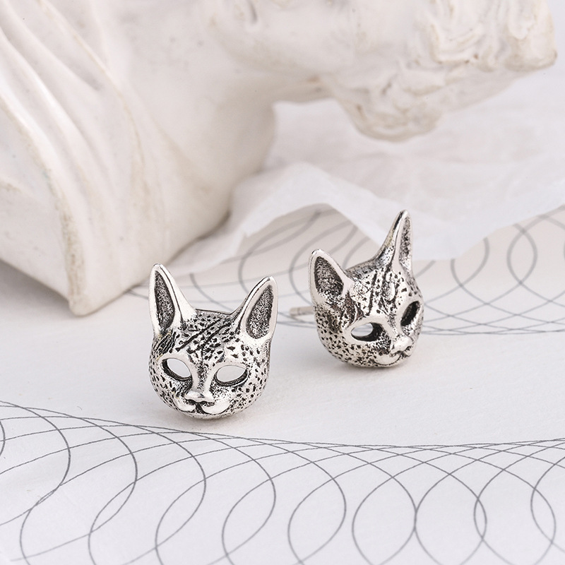 Sphynx Cat Earrings Vintage Thai Silver Dark Style For Men_voghion.com