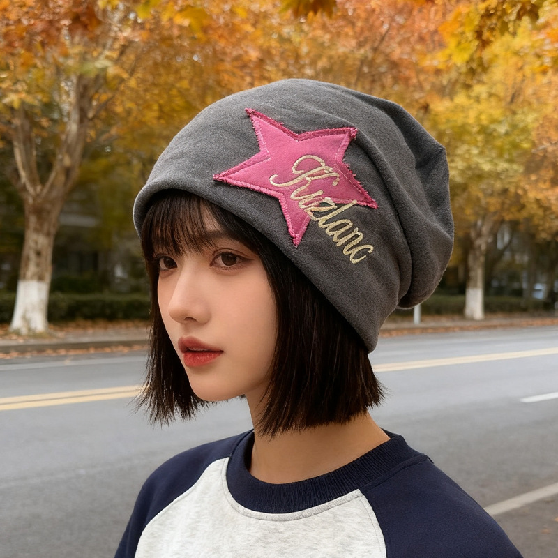 美式街头星星刺绣包头帽子女秋冬嘻哈网红堆堆帽甜酷辣妹复古冷帽|undefined