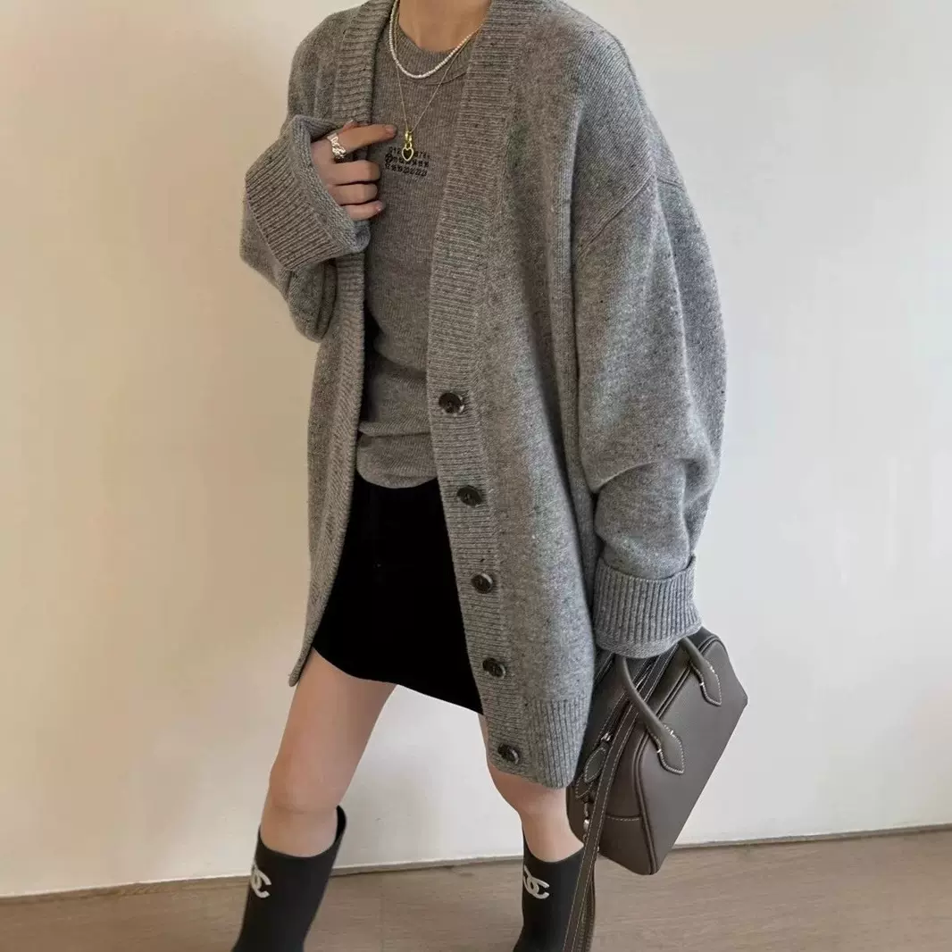 韩版宽松慵懒风秋冬大码V领纯羊毛针织外套加厚中长款羊绒开衫女