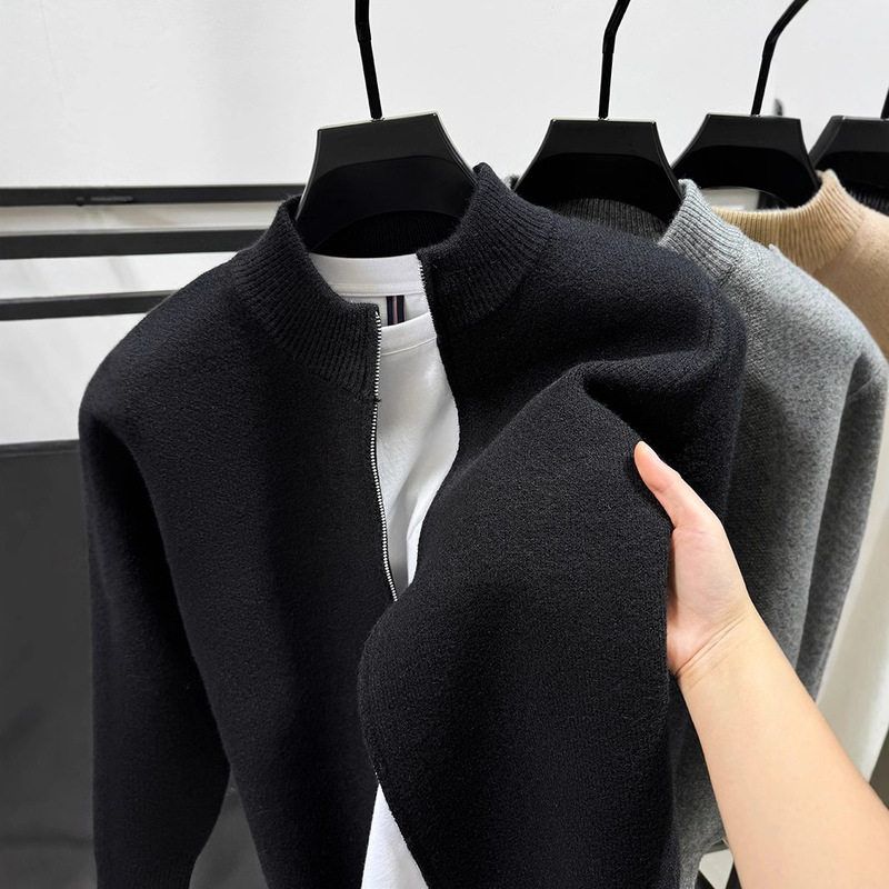 All-match solid color cardigan men's thickened sweater sweater winter warm stand collar zipper coat men's sweater outside-