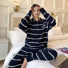 半边绒睡衣套装带兜条纹秋冬新款保暖家居服宽松显瘦加绒冬季加厚