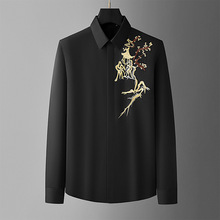 中国风柳枝小花重工艺刺绣男长袖商务高档衬衣工厂直销一件代发