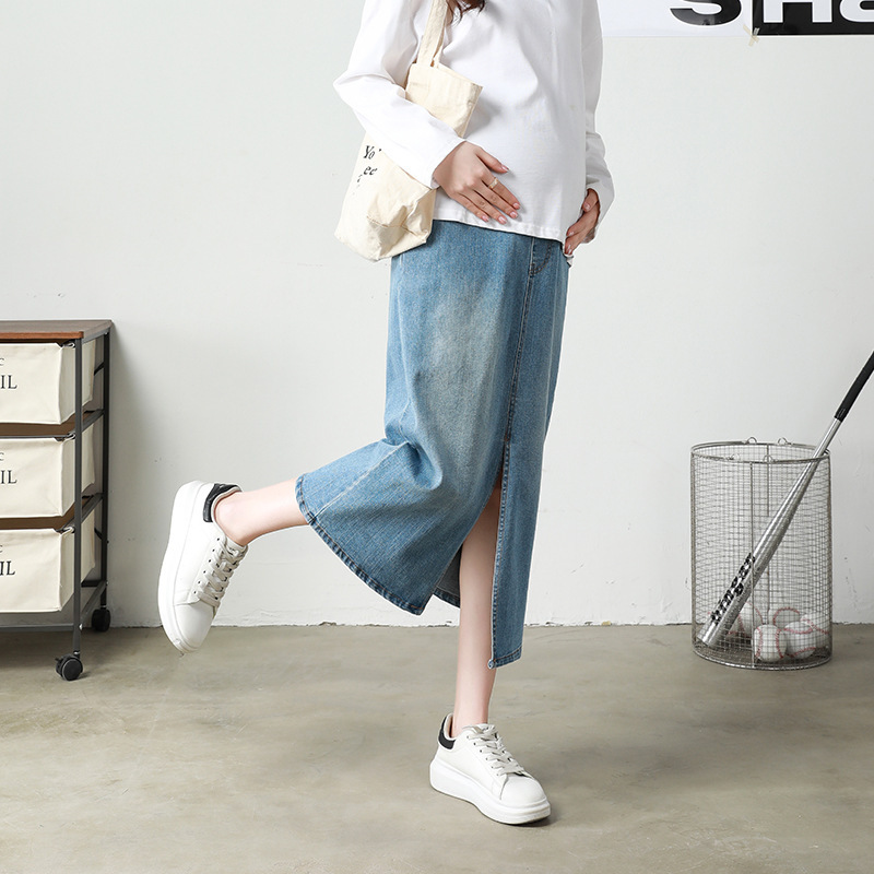 Plus size pregnant women's denim skirt high-end stretch Spring and Autumn Summer Fashion Net red high waist split pregnant women's skirt