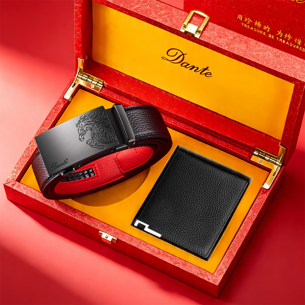 Father's Day Valentine's Day Luxury Gift Men's Automatic Buckle Leather Belt Wallet Set Genuine Cowhide Hot-Selling Online Waistband