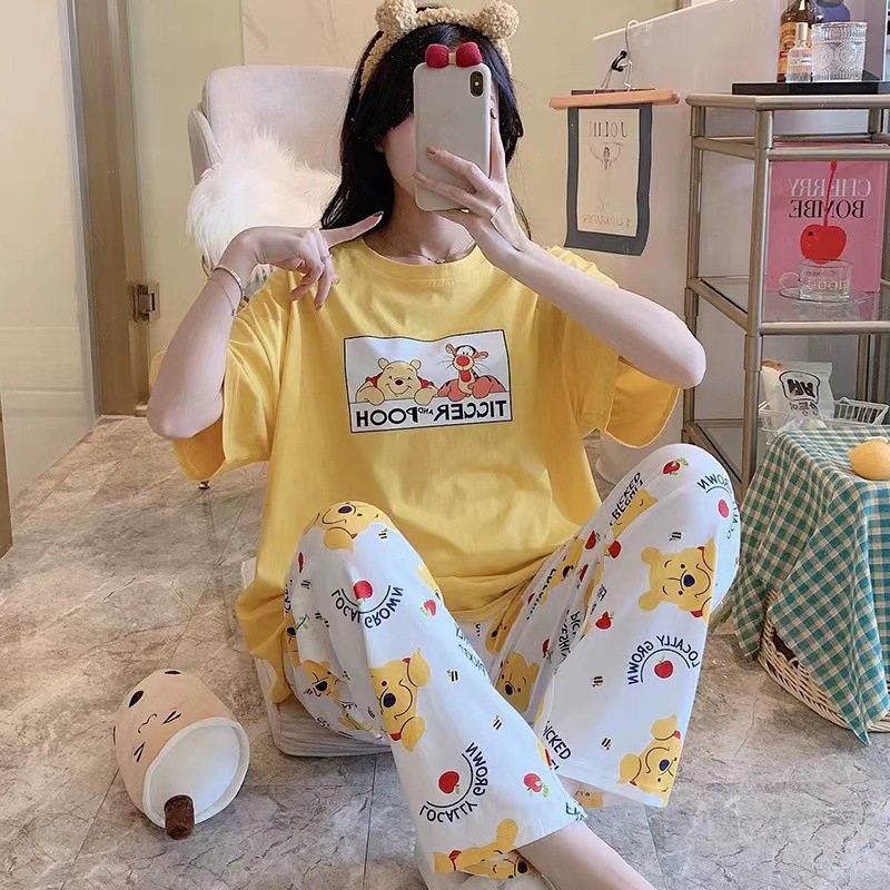 Pijamas para mujer, conjunto de verano de manga corta y pantalón largo para estar en casa, novedad 2025, primavera y otoño, estilo dibujos animados, estilo estudiantil, corte holgado.