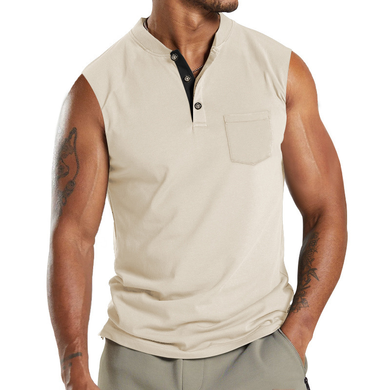 2024 Summer New Kam Shoulder Large Men's Short Sleeve Button Pocket Sleeveless T-shirt_voghion.com