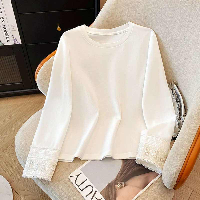 Ohs9029 Новый китайский стиль белые манжеты кружевные сшивания с нижней рубашкой женская мода высокого уровня чувство футболки с длинными рукавами