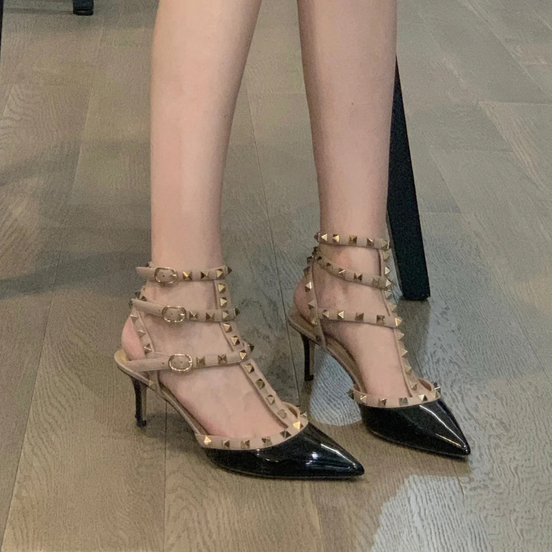 Valentino Pointed Toe Rivets Stunning High Heels Women's Black One-Line Buckle Strap Stiletto Rivet Sandals