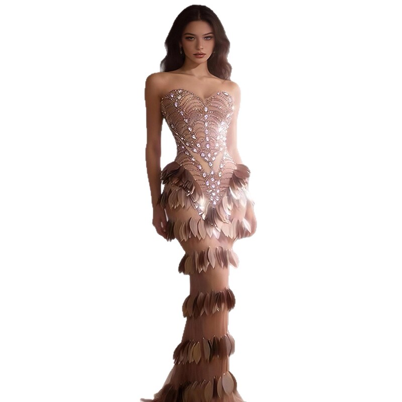 Gorgeous Haute Couture Coffee-Colored Sequined Leaf-Patterned Strapless Mermaid Gown for Thai Vacation Outfits, Runway Photoshoots, and Evening Dresses Gorgeous Haute Couture Coffee-Colored Sequined Leaf-Patterned Strapless Mermaid Gown for Thai Vacation Outfits, Runway Photoshoots, and Evening Dresses
