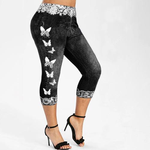 European and American large size wisheBay fashion casual butterfly print tight yoga capris for women