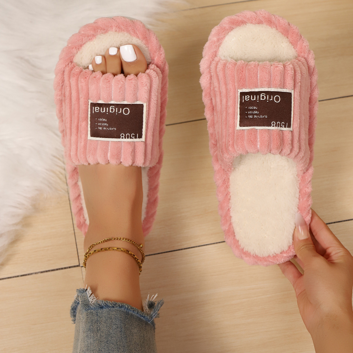 Abrir cuatro temporadas zapatillas de lana transfronterizas TEMU mujer ropa exterior antideslizante interior de fondo grueso zapatillas de algodón peludo casero