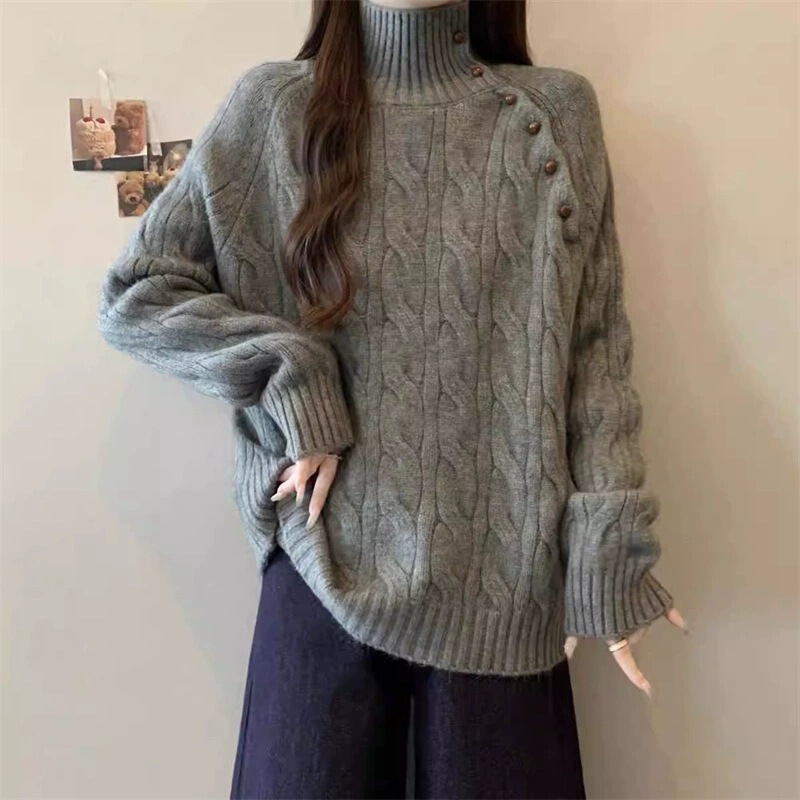 Plus Size Fat mm Autumn and Winter New Style Knitted One-Breasted High Collar Lapel Two-Wear Long-Sleeved Pullover Thick Wool Sweater for Women