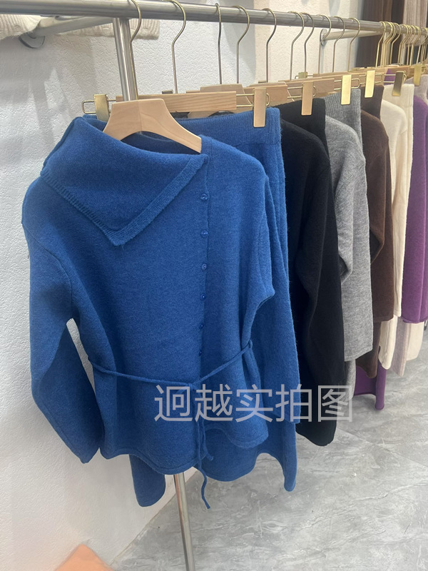 秋冬新款设计感慵懒风套装女宽松系带针织衫上衣＋半身裙两件套|undefined