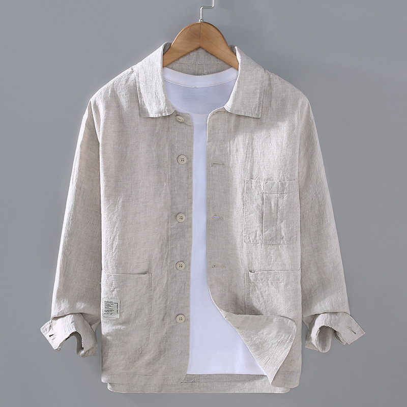 Spring and Summer Pure Linen Jacket Men's Thin Breathable Coat Lapel Casual Retro Cotton and Linen Top