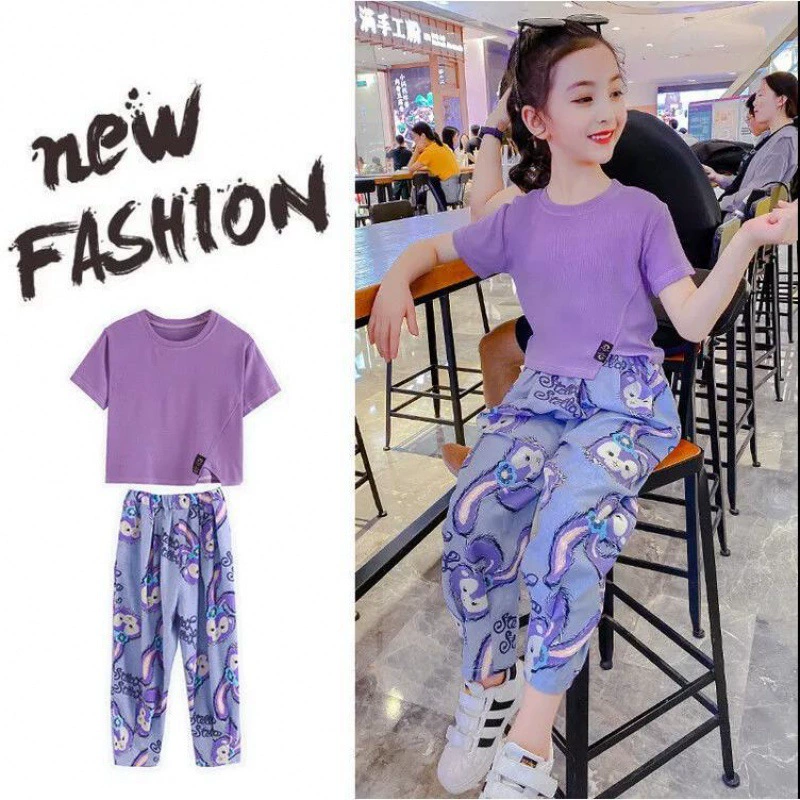 Летний костюм для девочек 2022, новый корейский стиль, модный топ с короткими рукавами в западном стиле, брюки с кроликом, комплект из двух предметов