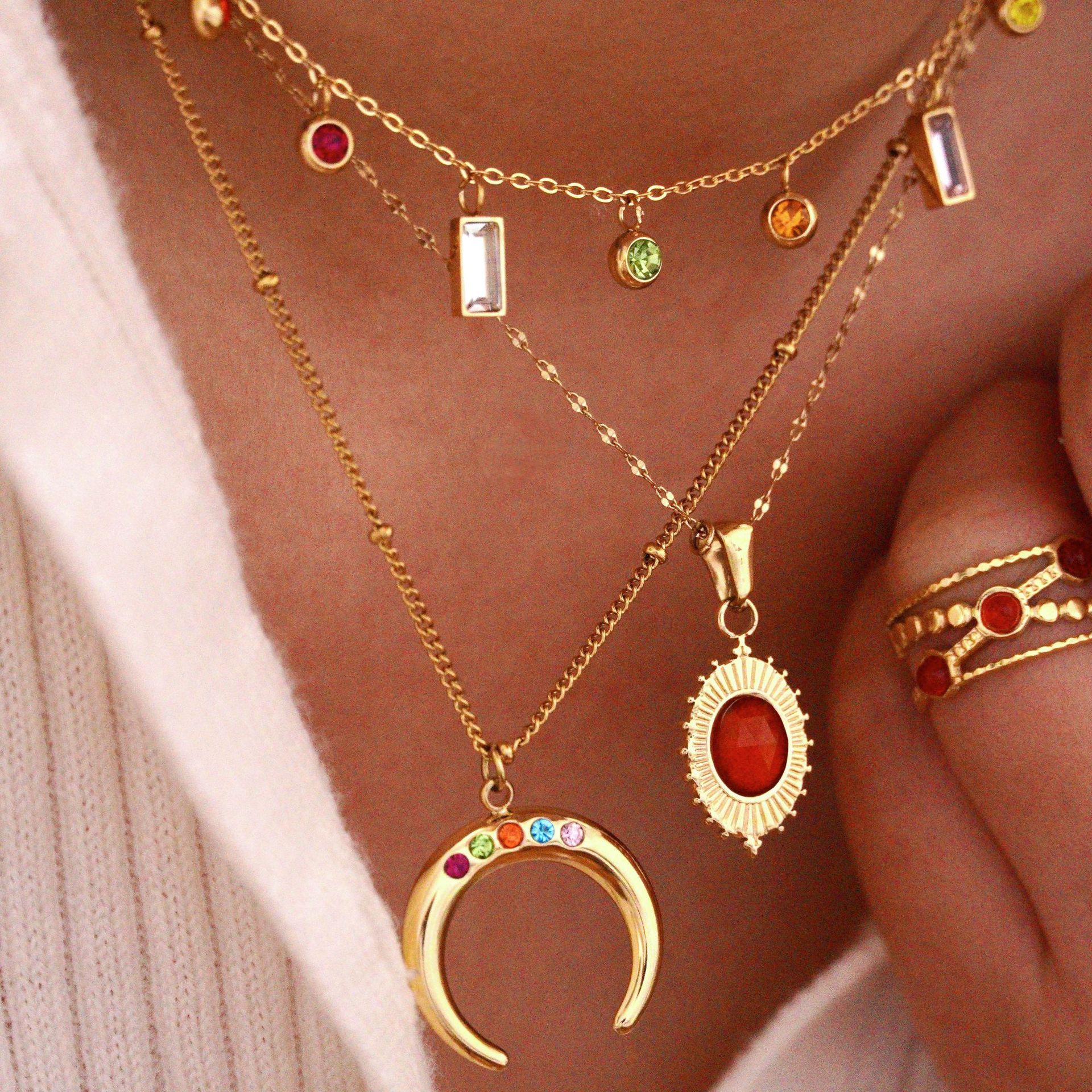 4g Weight Retro Simple Style Color Block Natural Stone Titanium Steel Inlay Zircon Women's Rings Necklace