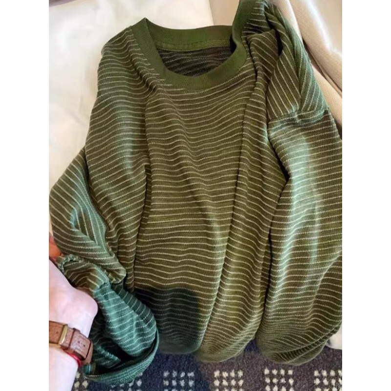 Plus-Size Green Striped Long-Sleeve T-Shirt for Women, Spring Vintage Lazy Style, Loose Fit, Flattering and Slimming Base Shirt Top Plus-Size Green Striped Long-Sleeve T-Shirt for Women, Spring Vintage Lazy Style, Loose Fit, Flattering and Slimming Base Shirt Top