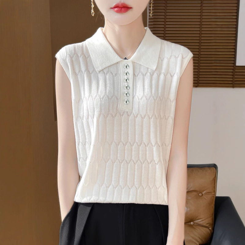 2025 Autumn New Wool Blend Fashion Sleeveless Lapel Knit Vest Button-Up Top