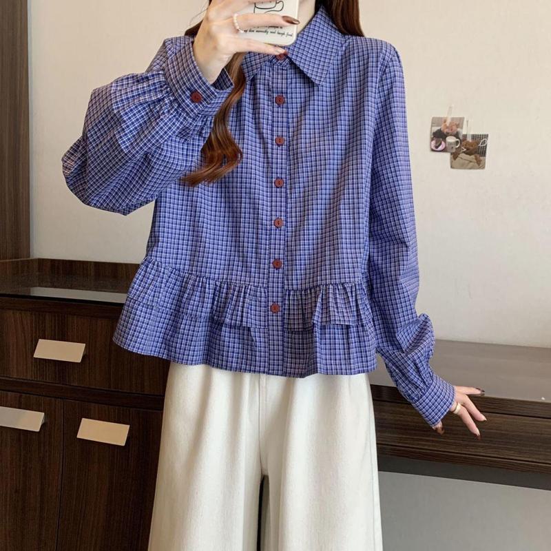 蓝色格子荷叶边长袖衬衫女秋季2025新款设计感小个子衬衣短款上衣|undefined