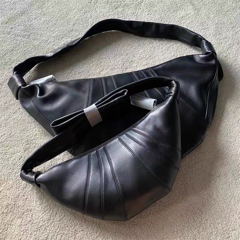 HN4005 Genuine Leather Croissant Bag Nappa Sheepskin Designer Dumpling Bag Crossbody Waist Bag Black - Thumbnail 3