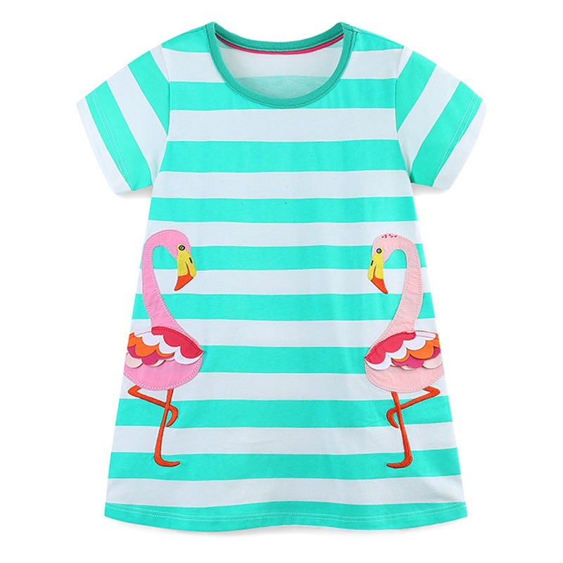 Vestido de manga corta para niñas de estilo europeo y americano vestido de princesa de parche bordado de dibujos animados verano nuevo vestido de cuello redondo a rayas para niños