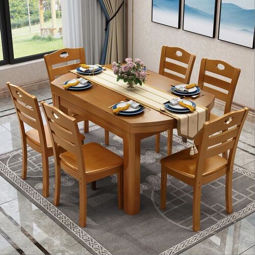 Chinese solid wood dining table platform retractable and foldable rubber wood dining table restaurant furniture one table six chairs factory direct sale