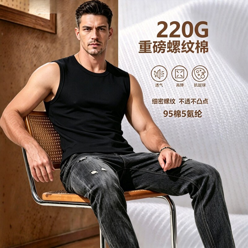 220G heavy-weight ribbed cotton men's sleeveless vest, pure cotton, stretchy, slim-fit, sports and fitness tank top, suitable for all seasons 220G heavy-weight ribbed cotton men's sleeveless vest, pure cotton, stretchy, slim-fit, sports and fitness tank top, suitable for all seasons
