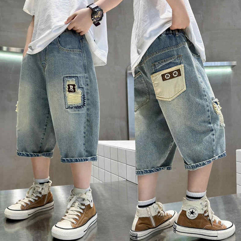 デニムショートパンツ、夏用薄手、中・大型子供用韓国風5点パンツ、男の子ストレートミドルパンツ、おしゃれカジュアルハンサムパンツ|undefined