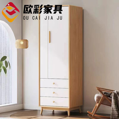 Full solid wood wardrobe, home simple combination coat closet, Nordic bedroom multi-functional storage cabinet, small apartment hanging wardrobe
