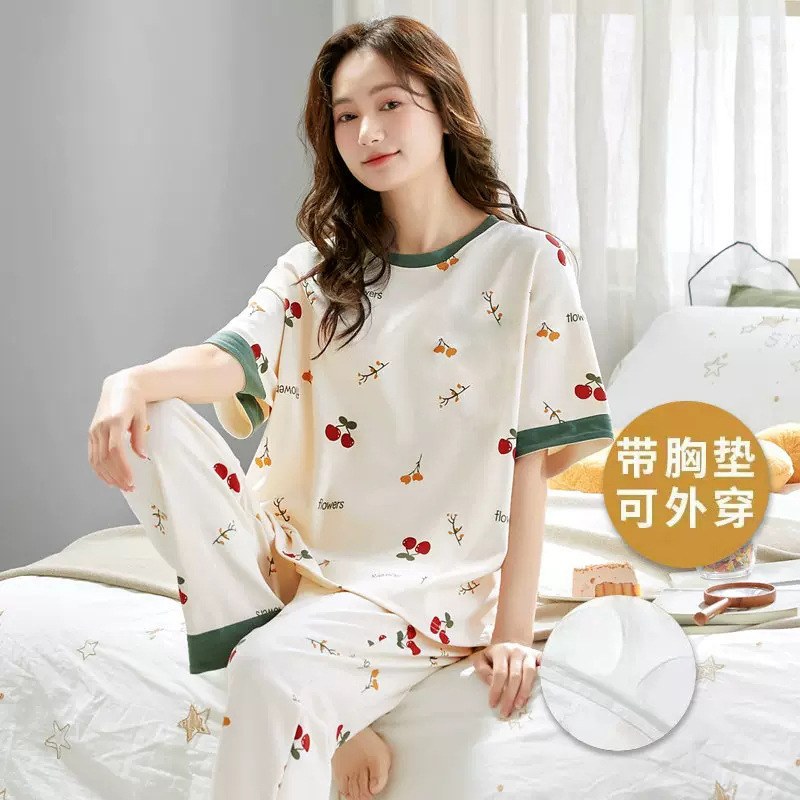 Internet Celebrity New Style Plus-Size Pajamas with Chest Pads for Women, Sweet Cartoon Set, Summer Short-Sleeve Long Pants, Summer Loungewear