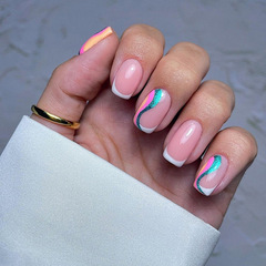 Aurora Wave Midi-Length European & American Style Instagram-Friendly French-Style Multicolor Summer Fake Nails: Removable Wearable Nail Tips
