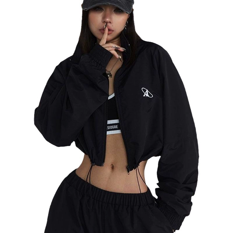 Sports jacket women, long-sleeve American style, embroidered, loose fit cropped with drawstring
