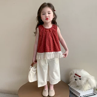 女童波点无袖娃娃衫套装2026夏季新款儿童背心宽松阔腿裤两件套
