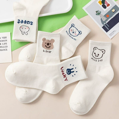 Бирюзовый японский милый осенний летний тонкие белые носки с Bears, до середины голени