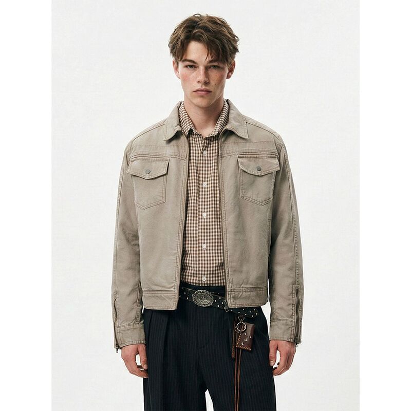 Yishengyi American Retro Washed Vintage Workwear Design Tailored Silhouette Regular Shoulder Short Jacket for Men Yishengyi American Retro Washed Vintage Workwear Design Tailored Silhouette Regular Shoulder Short Jacket for Men