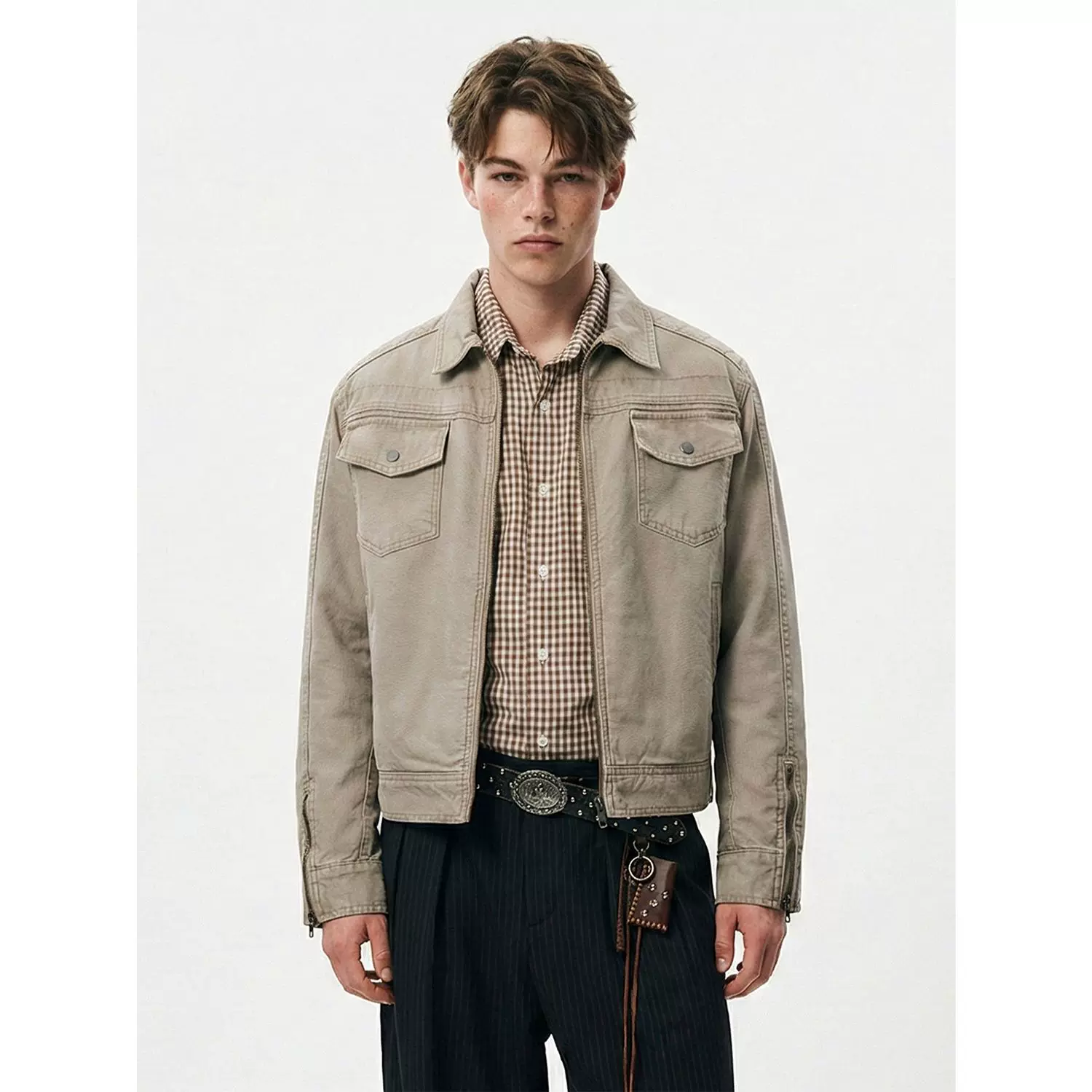 易盛易 美式复古水洗做旧工装设计感剪裁廓形正肩短款夹克外套男