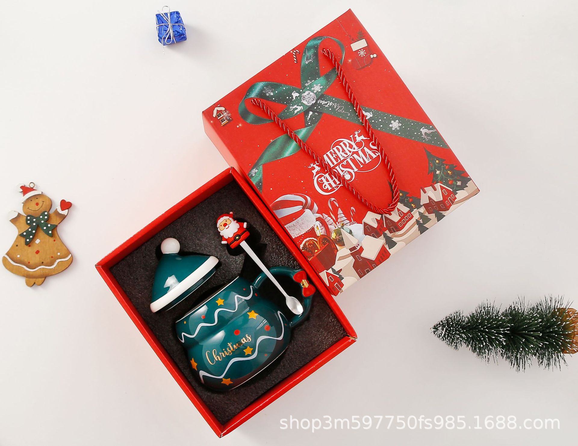 Taza de cerámica de Navidad creativa con tapa cuchara nuevo transfronterizo de dibujos animados de Santa Claus taza de agua taza de regalo caja de regalo