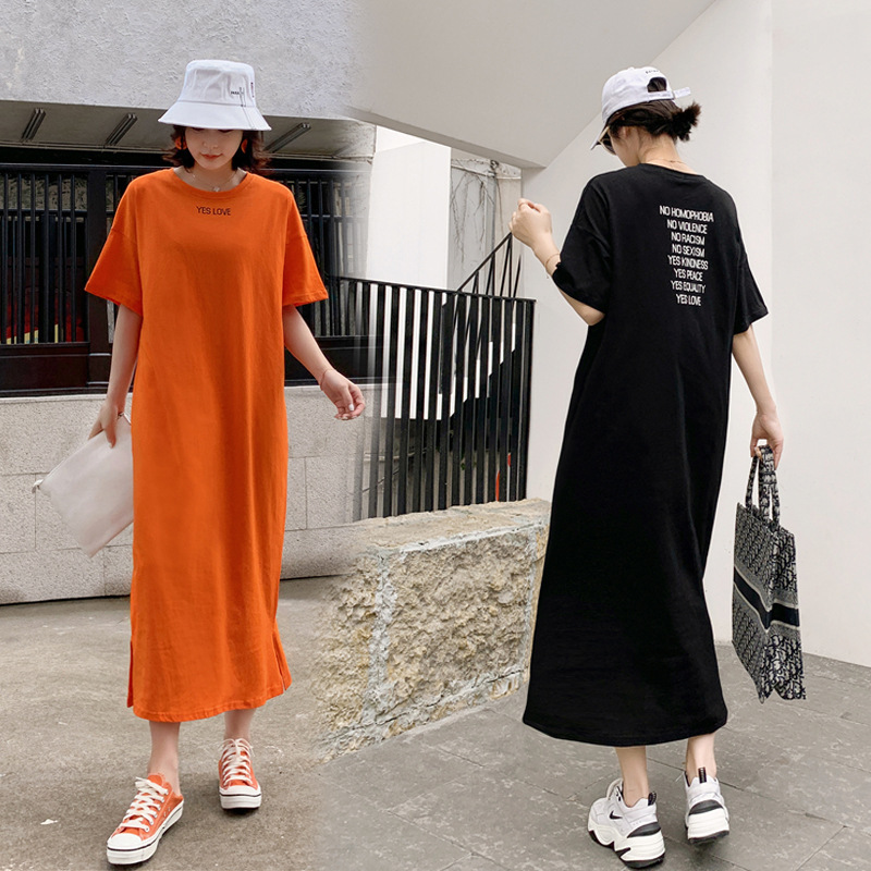Extra-Long Lazy Style Long Dress, Korean-Style Elegant Dress with Short Sleeves for Women, Summer Letter Print Round Neck Dress