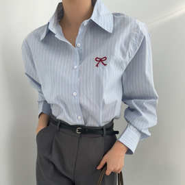 2026春季新款盐系氛围感通勤蓝条纹刺绣蝴蝶结百搭衬衣女