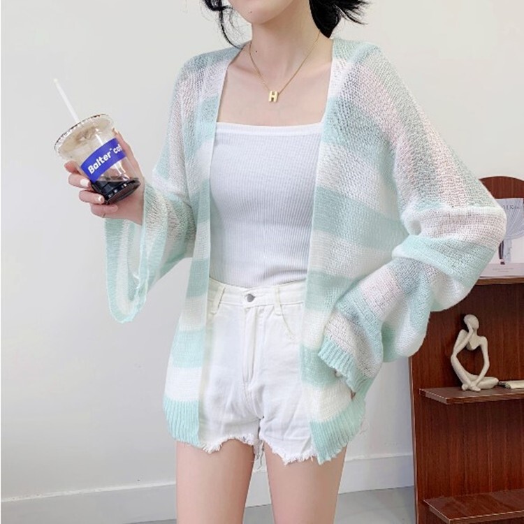 2022 Color Matching New Korean Style Mohair Anti-sun Clothing Long-sleeved Loose Stripesd Knitwear Cardigan Women's Top Jacket