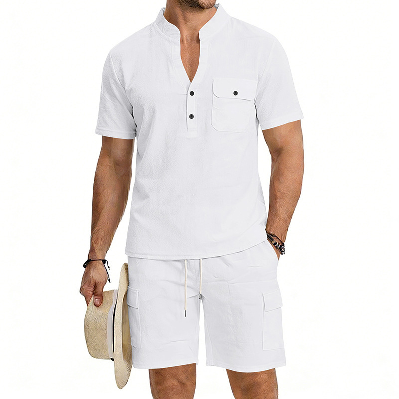 Men's Linen Henley Short Sleeve Shirt & Shorts Set, Breathable Summer Casual Outfit For Outdoor Travel And Daily Relaxation_viptrois.com