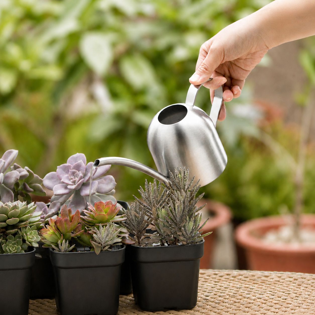 Acero inoxidable regadera jardinería olla pequeña regadera interior planta suculenta boca larga regadera 500ml