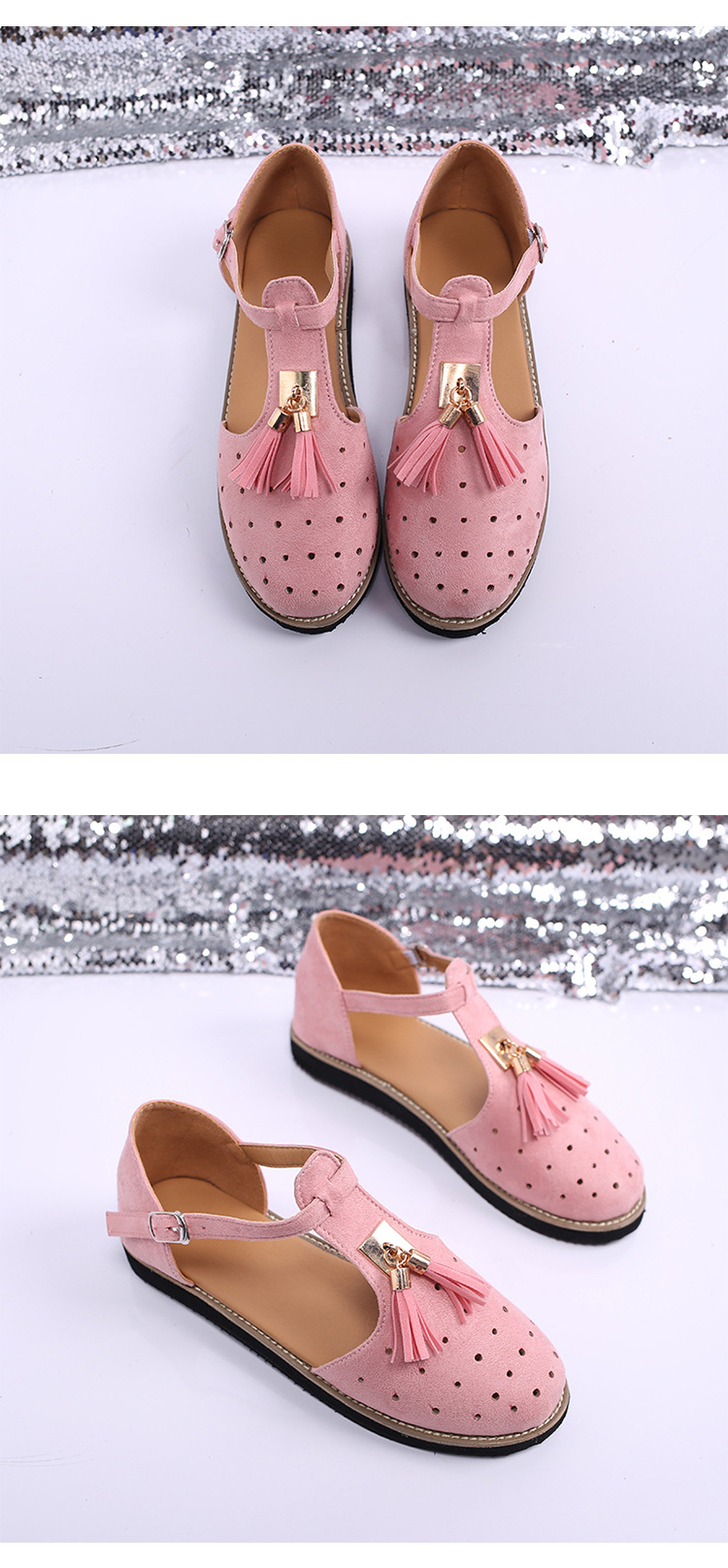 2021 European and American new thick-soled round-toe cutout retro single shoe, large-sized low-top bag and fringed women's sandals undefined